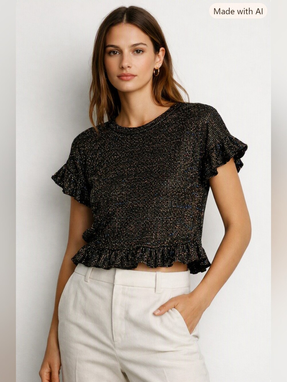 ZARA Knit Black Blend Metallic Shimmer Ruffle Hem Top Size L